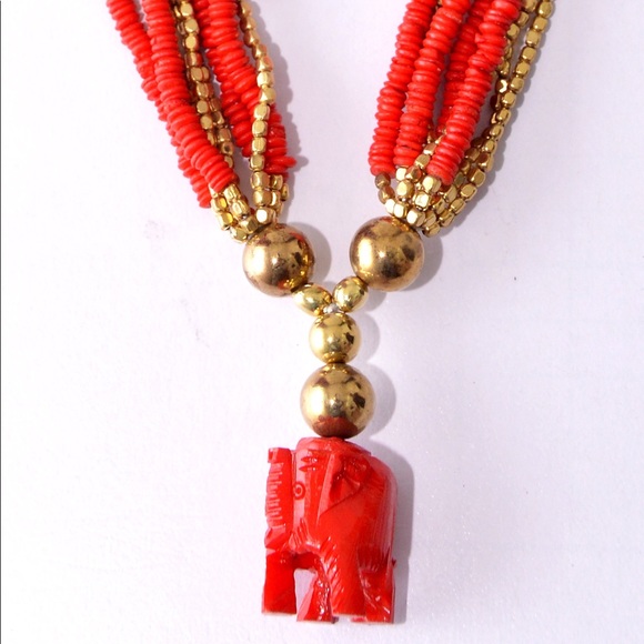Jewelry - Elephant Pendant Necklace with gold and red beads